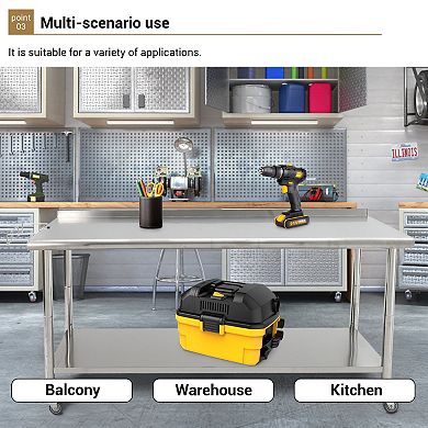 72"x30"x35" Workbench With Casters, Rear Backsplash, 08 Curved Edge And Removable Trash Rack