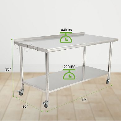 72"x30"x35" Workbench With Casters, Rear Backsplash, 08 Curved Edge And Removable Trash Rack