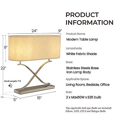 2-Light 24'' Modern Elegant Polished Nickel Minimalist Stainless Steel Table Lamp With Ivory Fabric
