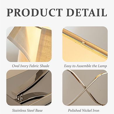 2-Light 24'' Modern Elegant Polished Nickel Minimalist Stainless Steel Table Lamp With Ivory Fabric