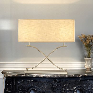 2-Light 24'' Modern Elegant Polished Nickel Minimalist Stainless Steel Table Lamp With Ivory Fabric