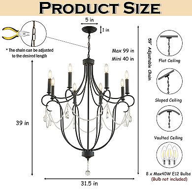 32'' 8-Light Modern Black Mid-Century Modern Candelabra Crystal Chandelier Vintage Candle Pendant