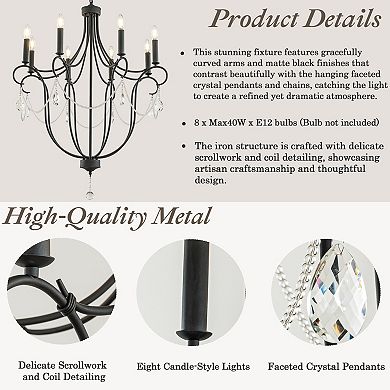 32'' 8-Light Modern Black Mid-Century Modern Candelabra Crystal Chandelier Vintage Candle Pendant