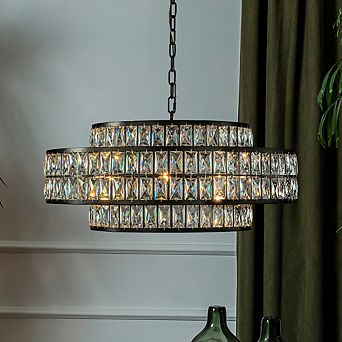 28'' Large Crystal Chandelier Matte Black 2 tier Drum Pendant Light 8-Light Modern Glam Lighting