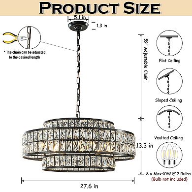 28'' Large Crystal Chandelier Matte Black 2-Tier Drum Pendant Light 8-Light Modern Glam Lighting
