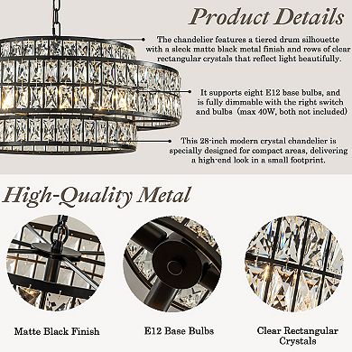28'' Large Crystal Chandelier Matte Black 2-Tier Drum Pendant Light 8-Light Modern Glam Lighting