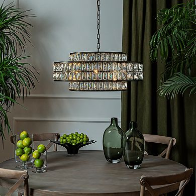 28'' Large Crystal Chandelier Matte Black 2-Tier Drum Pendant Light 8-Light Modern Glam Lighting
