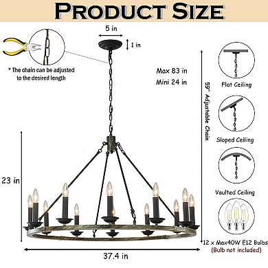 37'' 12-Light Modern Candelabra Chandelier Round Industrial Candle Pendant Lighting