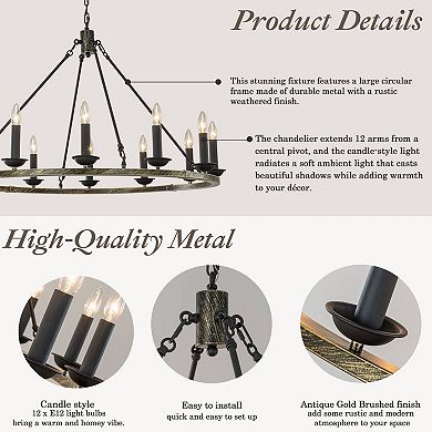 37'' 12-Light Modern Candelabra Chandelier Round Industrial Candle Pendant Lighting