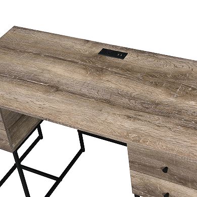GOODSILO Rustic Oak Writing Desk with USB Port and Storage Drawers