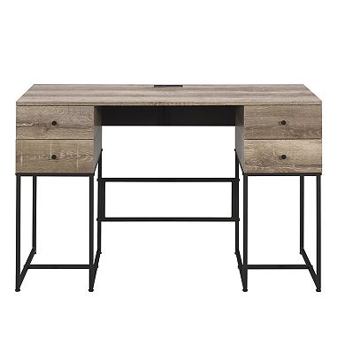 GOODSILO Rustic Oak Writing Desk with USB Port and Storage Drawers