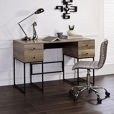 GOODSILO Rustic Oak Writing Desk with USB Port and Storage Drawers
