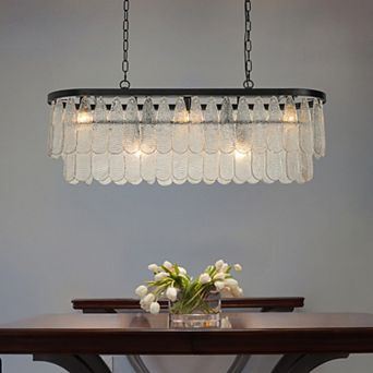 5-Light 39'' Matte Black Rectangle Elegant Textured Glass Chandelier Vintage Art Glass Pendant Light