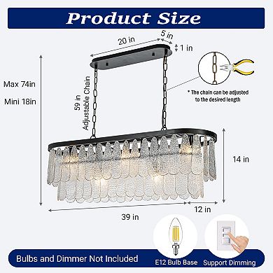 5-Light 39'' Matte Black Rectangle Elegant Textured Glass Chandelier Vintage Art Glass Pendant Light