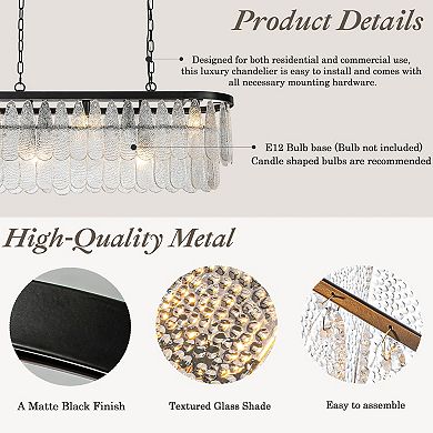 5-Light 39'' Matte Black Rectangle Elegant Textured Glass Chandelier Vintage Art Glass Pendant Light