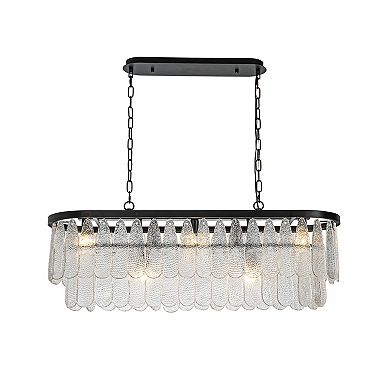 5-Light 39'' Matte Black Rectangle Elegant Textured Glass Chandelier Vintage Art Glass Pendant Light