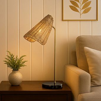 22'' Farmhouse Handwoven Rattan Table Lamp Antique Brass Finish Black Marble Base Rustic Nightstand