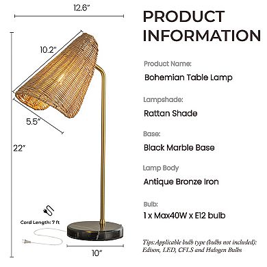 22'' Farmhouse Handwoven Rattan Table Lamp Antique Brass Finish Black Marble Base Rustic Nightstand