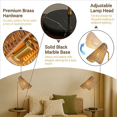 22'' Farmhouse Handwoven Rattan Table Lamp Antique Brass Finish Black Marble Base Rustic Nightstand