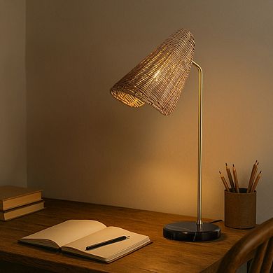 22'' Farmhouse Handwoven Rattan Table Lamp Antique Brass Finish Black Marble Base Rustic Nightstand