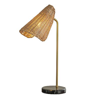 22'' Farmhouse Handwoven Rattan Table Lamp Antique Brass Finish Black Marble Base Rustic Nightstand