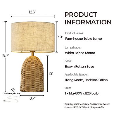 20'' Natural Rattan Bedside Table Lamp Coastal Nightstand Lamp with Classic Beige Fabric Shade
