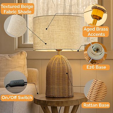 20'' Natural Rattan Bedside Table Lamp Coastal Nightstand Lamp with Classic Beige Fabric Shade