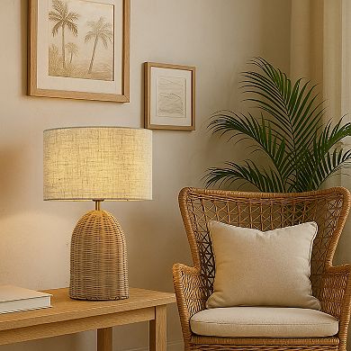 20'' Natural Rattan Bedside Table Lamp Coastal Nightstand Lamp with Classic Beige Fabric Shade
