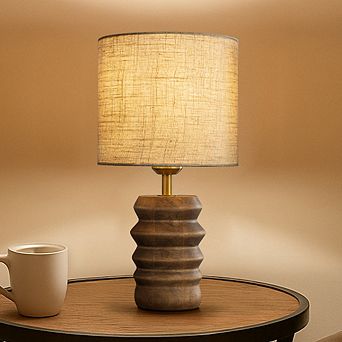 15'' Japandi Solid Wood Base Table Lamp Modern Classic Nightstand Lamp with Beige Fabric Shade