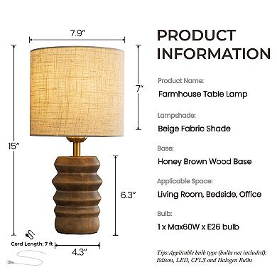 15'' Japandi Solid Wood Base Table Lamp Modern Classic Nightstand Lamp with Beige Fabric Shade
