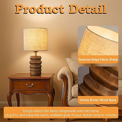 15'' Japandi Solid Wood Base Table Lamp Modern Classic Nightstand Lamp with Beige Fabric Shade