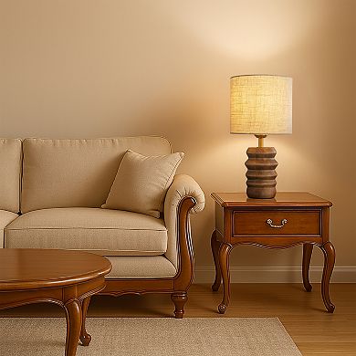 15'' Japandi Solid Wood Base Table Lamp Modern Classic Nightstand Lamp with Beige Fabric Shade