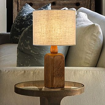 18''Farmhouse Traditional Natural Brown Solid Wood Base Table Lamp with Beige Fabric Shade