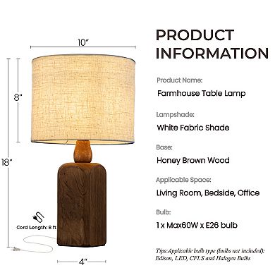 18''Farmhouse Traditional Natural Brown Solid Wood Base Table Lamp with Beige Fabric Shade