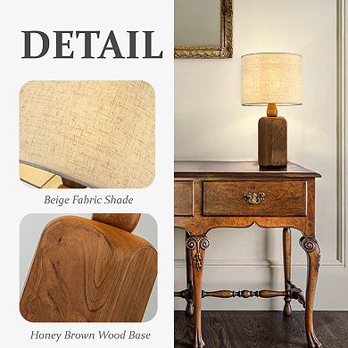 18''Farmhouse Traditional Natural Brown Solid Wood Base Table Lamp with Beige Fabric Shade