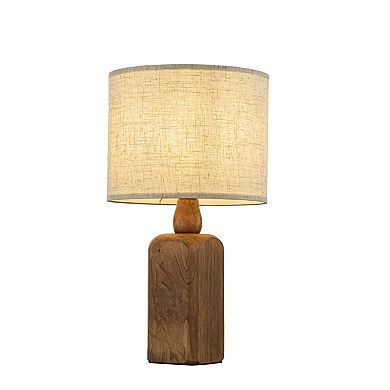 18''Farmhouse Traditional Natural Brown Solid Wood Base Table Lamp with Beige Fabric Shade