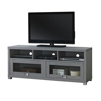 GOODSILO Contemporary TV Stand with Glass Doors and Open Shelves for Large Screens