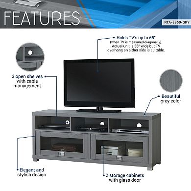 GOODSILO Contemporary TV Stand with Glass Doors and Open Shelves for Large Screens