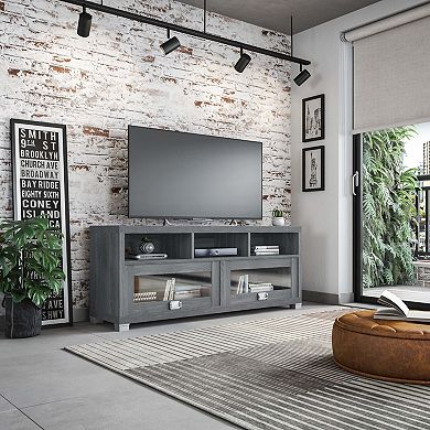 GOODSILO Contemporary TV Stand with Glass Doors and Open Shelves for Large Screens