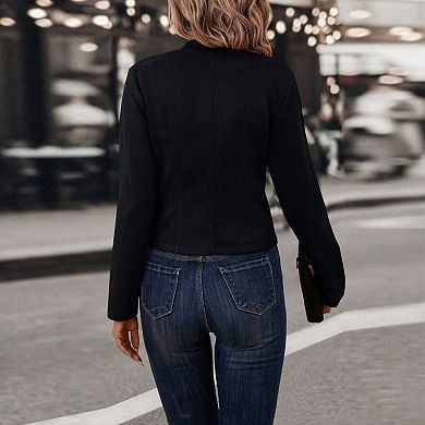 Women's Cropped Suede Blazer - Stand Collar Double Breasted Button Jacket for Casual & Office