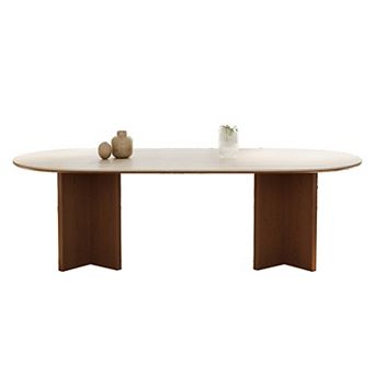 71" Oval Dining Table for 6, Modern Kitchen Table with Travertine Stone Top