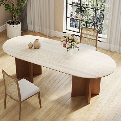 71" Oval Dining Table for 6, Modern Kitchen Table with Travertine Stone Top