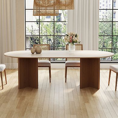 71" Oval Dining Table for 6, Modern Kitchen Table with Travertine Stone Top