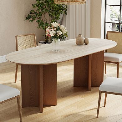 71" Oval Dining Table for 6, Modern Kitchen Table with Travertine Stone Top
