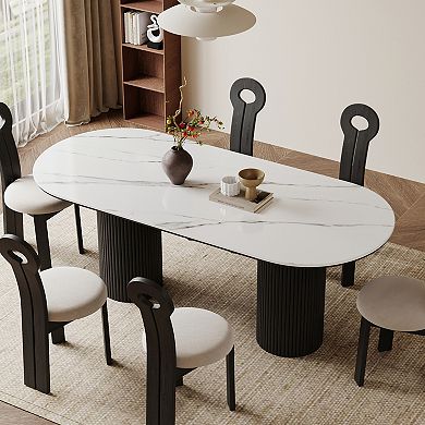 71" Oval Dining Table for 6, White Sintered Stone Dining Tabletop with Wooden Dual-Pedestal