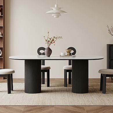 71" Oval Dining Table for 6, White Sintered Stone Dining Tabletop with Wooden Dual-Pedestal