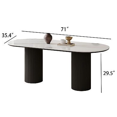 71" Oval Dining Table for 6, White Sintered Stone Dining Tabletop with Wooden Dual-Pedestal