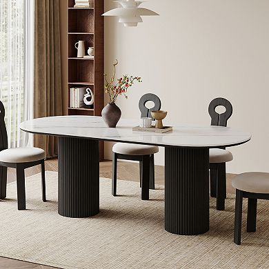 71" Oval Dining Table for 6, White Sintered Stone Dining Tabletop with Wooden Dual-Pedestal