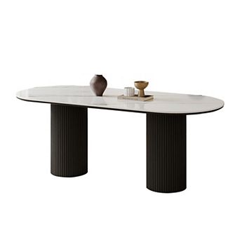 71" Oval Dining Table for 6, White Sintered Stone Dining Tabletop with Wooden Dual-Pedestal