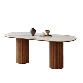 71" Oval Dining Table for 6, White Sintered Stone Dining Tabletop with Wooden Dual-Pedestal